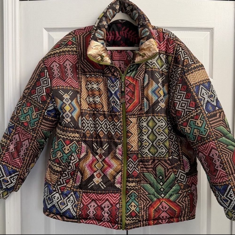 Farm Rio Puffer Jacket Tropical Rauti Reversible Colorful Metallic Winter